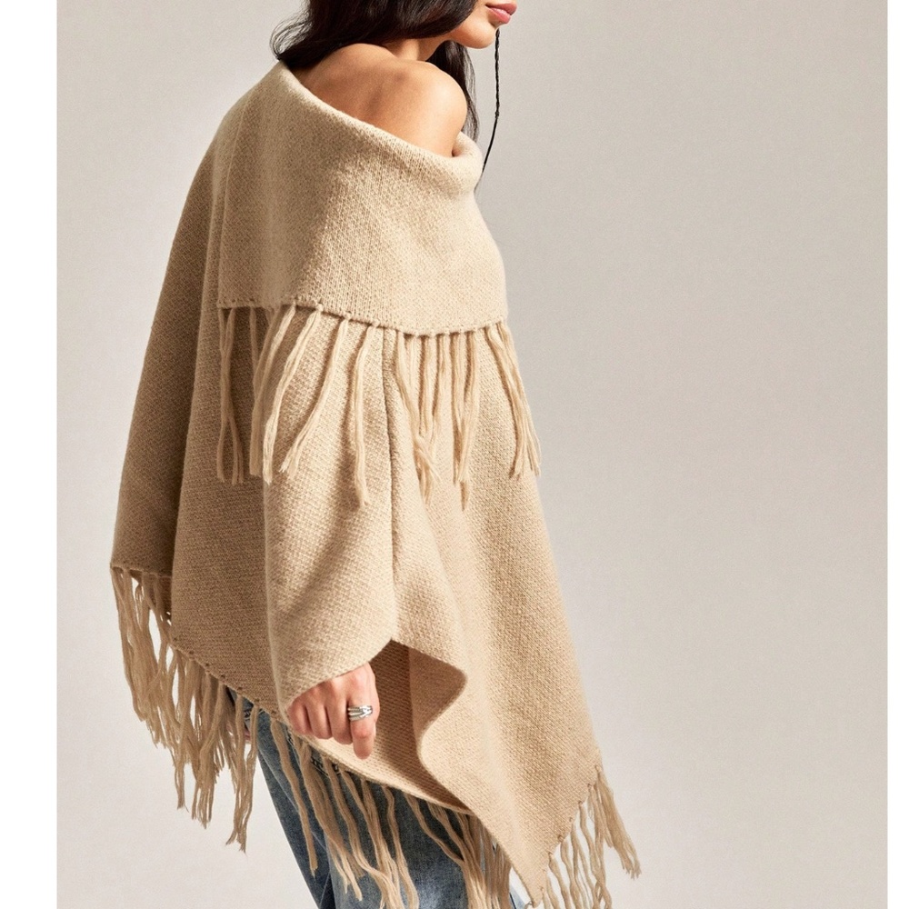 Classic Tan Fringe Detail Oversized Poncho Sweater Top - Picture 2 of 8